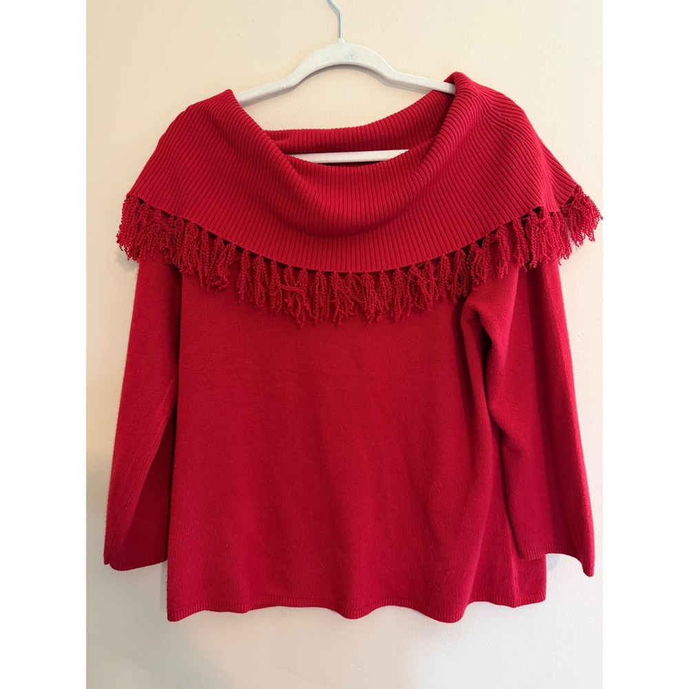 Cato Womens XL Red Cowl Neck Fringe Knit Sweater Boho Fall Long Sleeve
